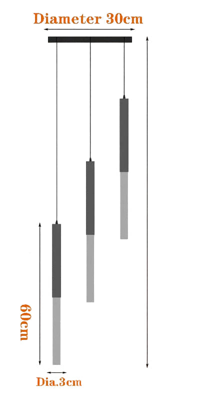 Three crystal LED cylinders of varying lengths hang from a slim, 30 cm rectangular chandelier mount.