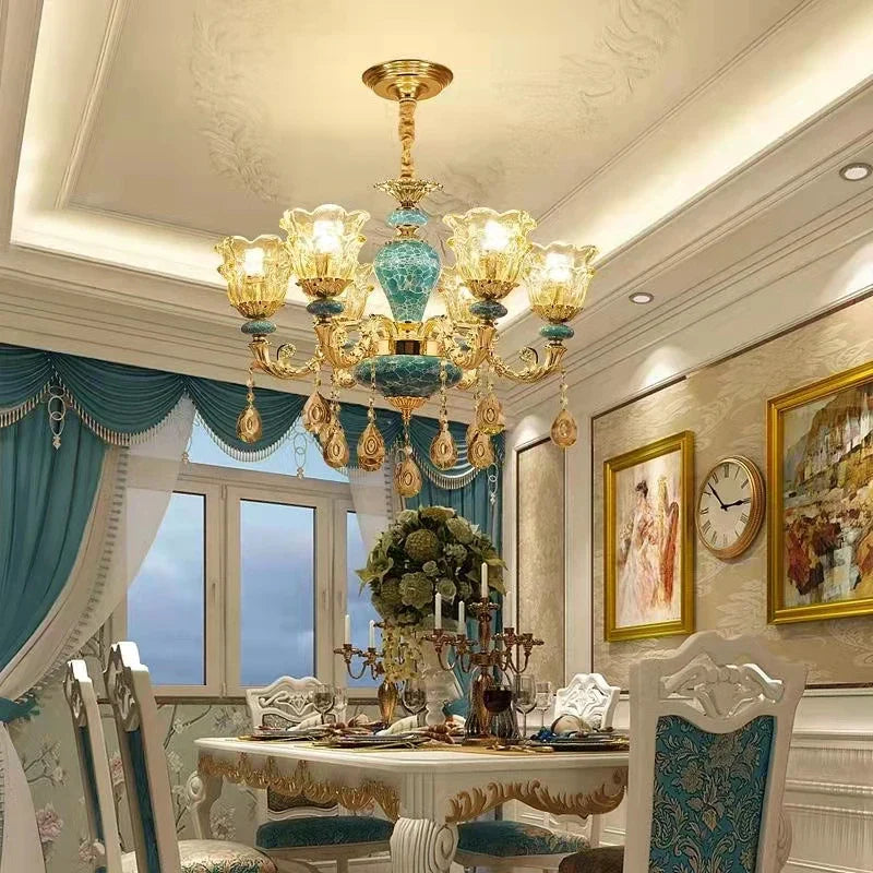 Maison Ornate Baroque Crystal and Ceramic Chandelier in blue and gold, detailed lighting centerpiece.