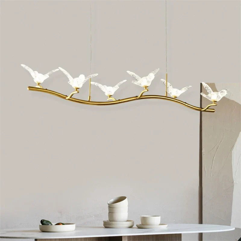 Maison Ornate Golden Crystal Chandelier with five bird-shaped LED lamps on a curved gold branch.