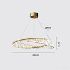 Gold-base modern crystal chandelier with hanging rings, integrated LED, 80cm wide, 8cm high.