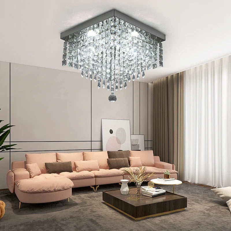 Maison Ornate Modern Square LED Crystal Hallway Chandelier with geometric crystal accents and polished metal finish.