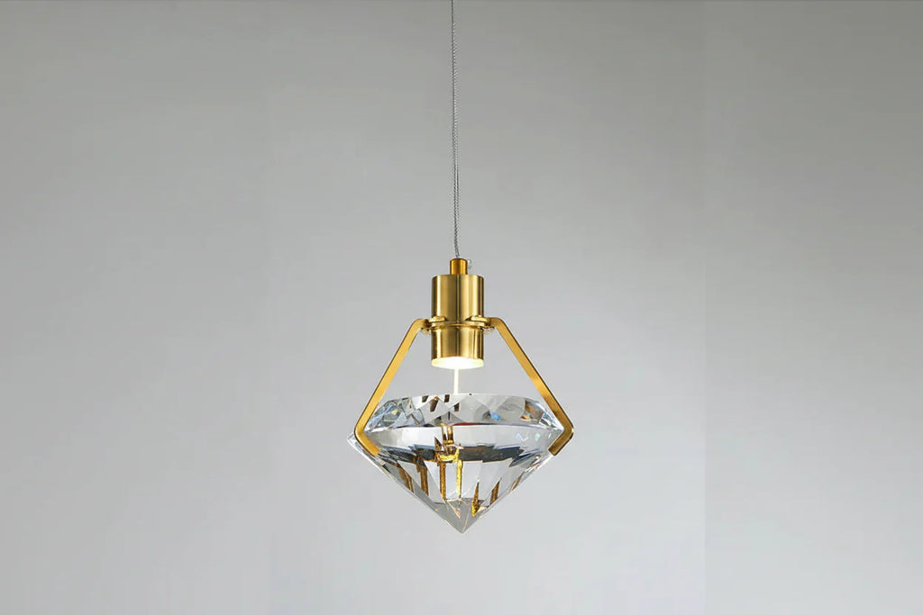 LED gold chandelier with inverted diamond-shaped faceted crystal shade for modern elegance.