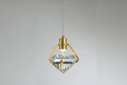 LED gold chandelier with inverted diamond-shaped faceted crystal shade for modern elegance.
