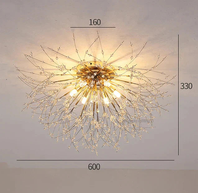 Gold starburst chandelier with crystal branches, LED bulbs; measures 600mm x 160mm x 330mm. Modern, elegant design.