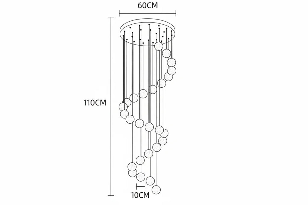 Nordic crystal chandelier with spiral hanging spheres, 110 cm tall, LED compatible suspension.