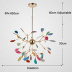 Gold sphere chandelier with colorful glass leaf accents, branching arms, and adjustable hanging rod.