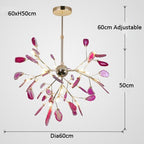Gold sphere chandelier with branching arms, pink crystal floral accents, 60cm diameter, adjustable rod.