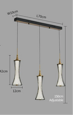 Black and gold modern LED bedroom chandelier with three crystal pendants on a rectangular mount.
