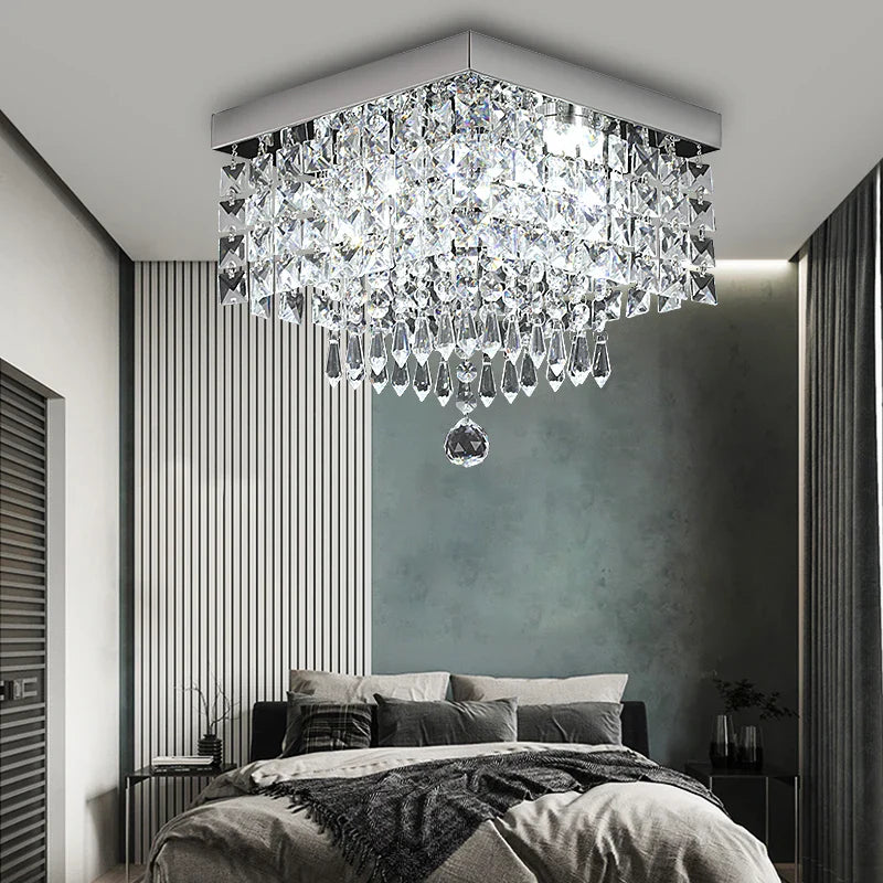 Maison Ornate Modern Square LED Crystal Hallway Chandelier with reflective facets and sleek, minimalist design.