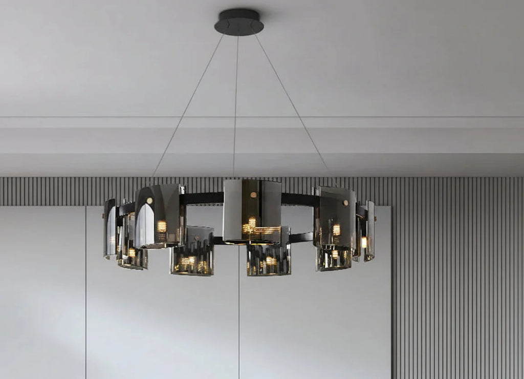 Maison Ornate Scandinavian crystal chandelier with dark glass, exposed bulbs, and four wire suspension.