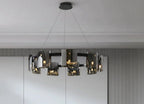 Maison Ornate Scandinavian crystal chandelier with dark glass, exposed bulbs, and four wire suspension.