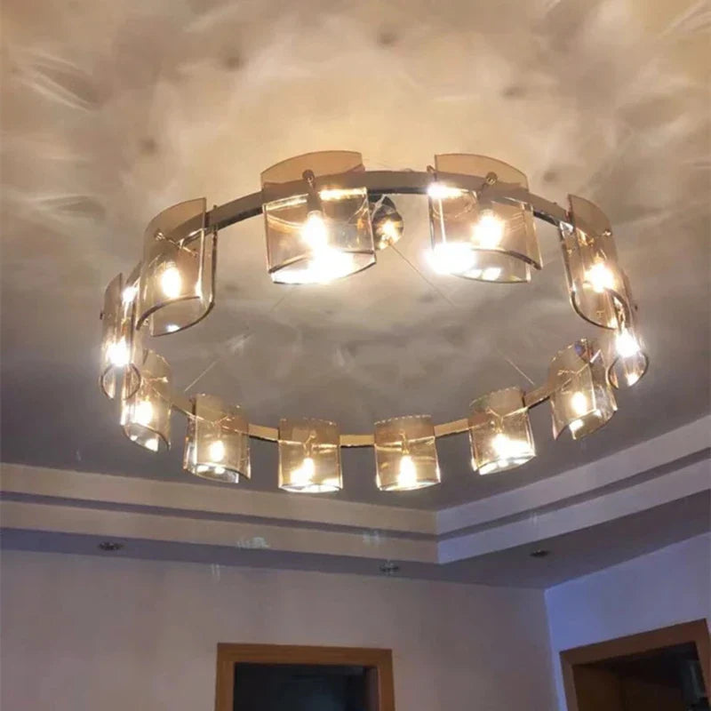 Maison Ornate Scandinavian LED chandelier with multiple small lights, curved translucent shades, ceiling-mounted.