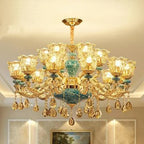 Ornate Baroque chandelier with crystal pendants, gold and turquoise finish, LED compatible.