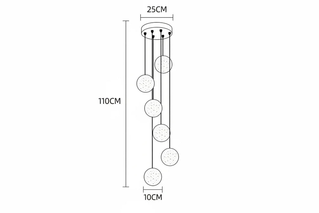 Nordic chandelier with seven crystal spheres, 110 cm tall, 25 cm base, LED-compatible.