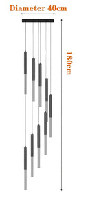 Luxury Nordic chandelier with eight LED hanging crystal cylinders at varying lengths, 40 cm mount.