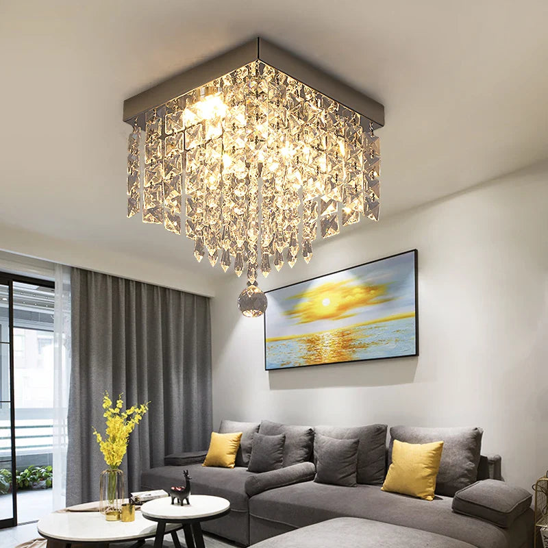Maison Ornate Modern Square LED Crystal Hallway Chandelier with intricate crystal details suspended from ceiling.
