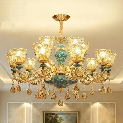 Ornate Baroque chandelier features crystal pendants, ceramic accents, and detailed glass shades.