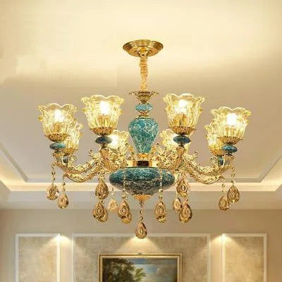 Maison Ornate Baroque chandelier with six glass lamps, gold and turquoise accents, crystal ornaments.