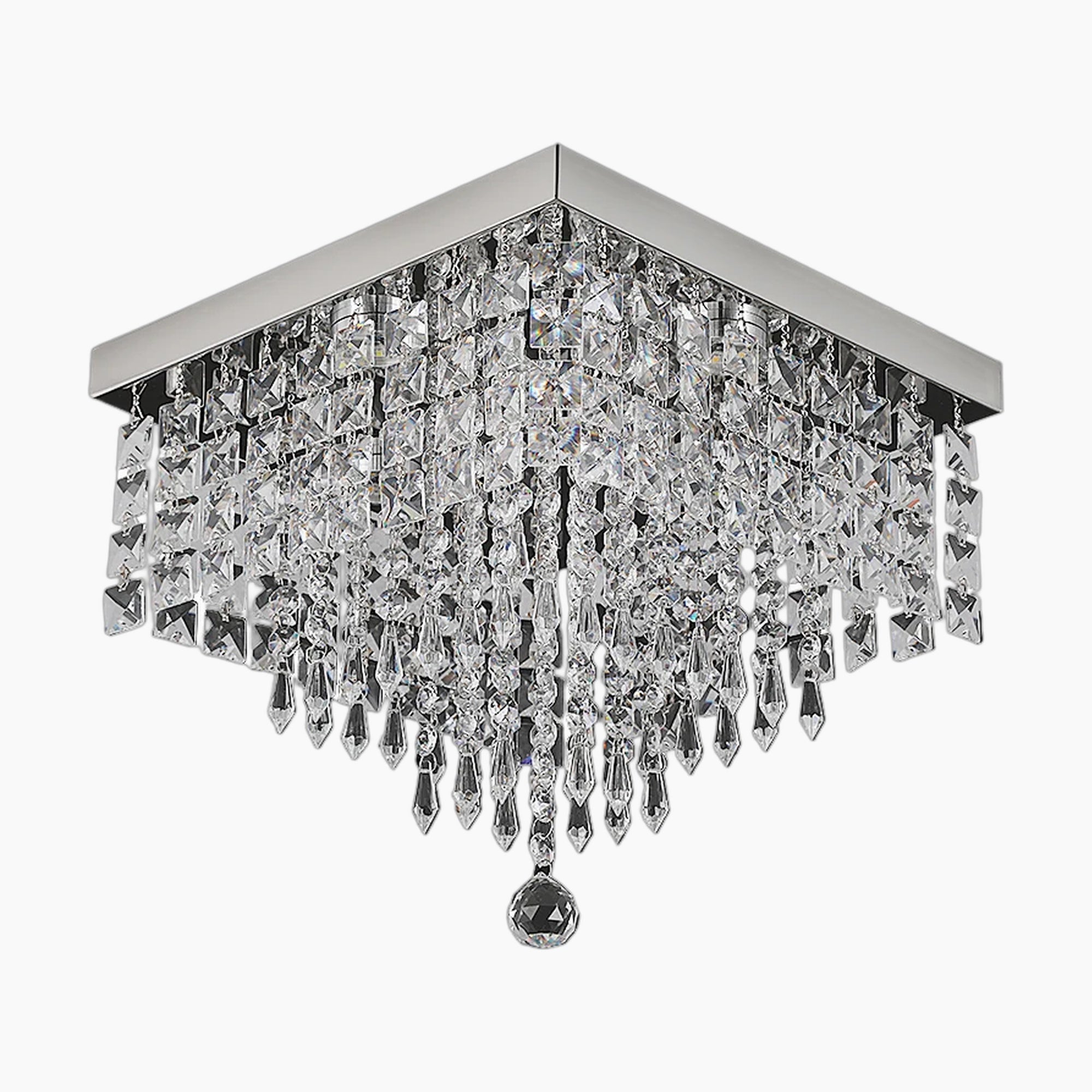 Modern square LED chandelier with chrome frame, tiered crystal prisms, and central round pendant.