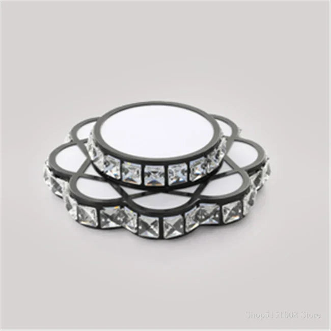 Golden Crystal Floral LED chandelier: round, white center, black edge, clear square gems, elegant luminosity.