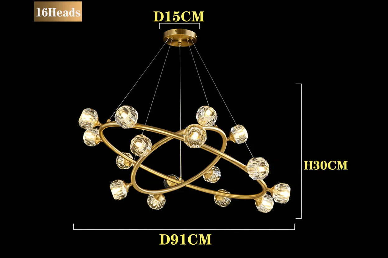 Maison Ornate Nordic minimalist chandelier with 16 crystal heads on gold rings, suspended by cables.