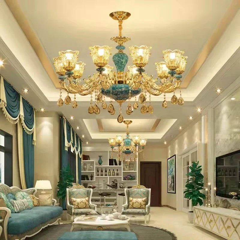 Maison Ornate Baroque Crystal and Ceramic Chandelier, ornate detailed lighting with luxurious craftsmanship.