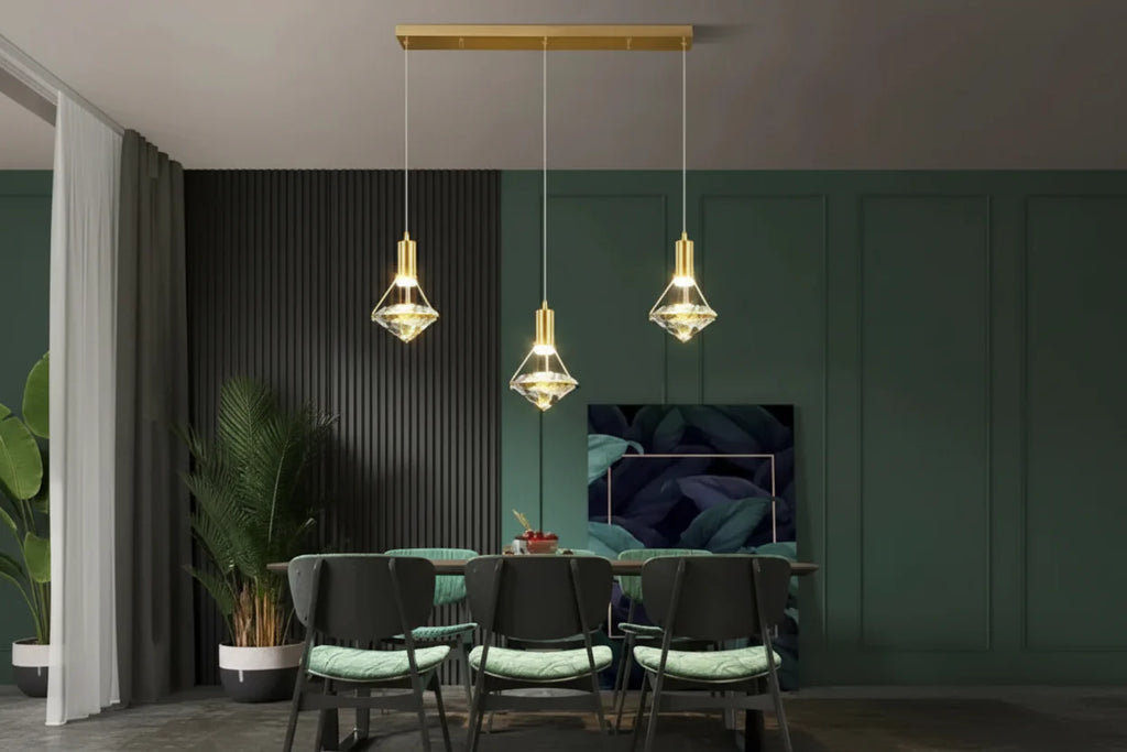 Maison Ornate’s Modern Crystal Hallway Chandelier with LED creative shapes, elegant and contemporary design.