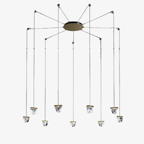 Eight geometric LED pendants hang from a circular mount in this modern crystal spider chandelier.