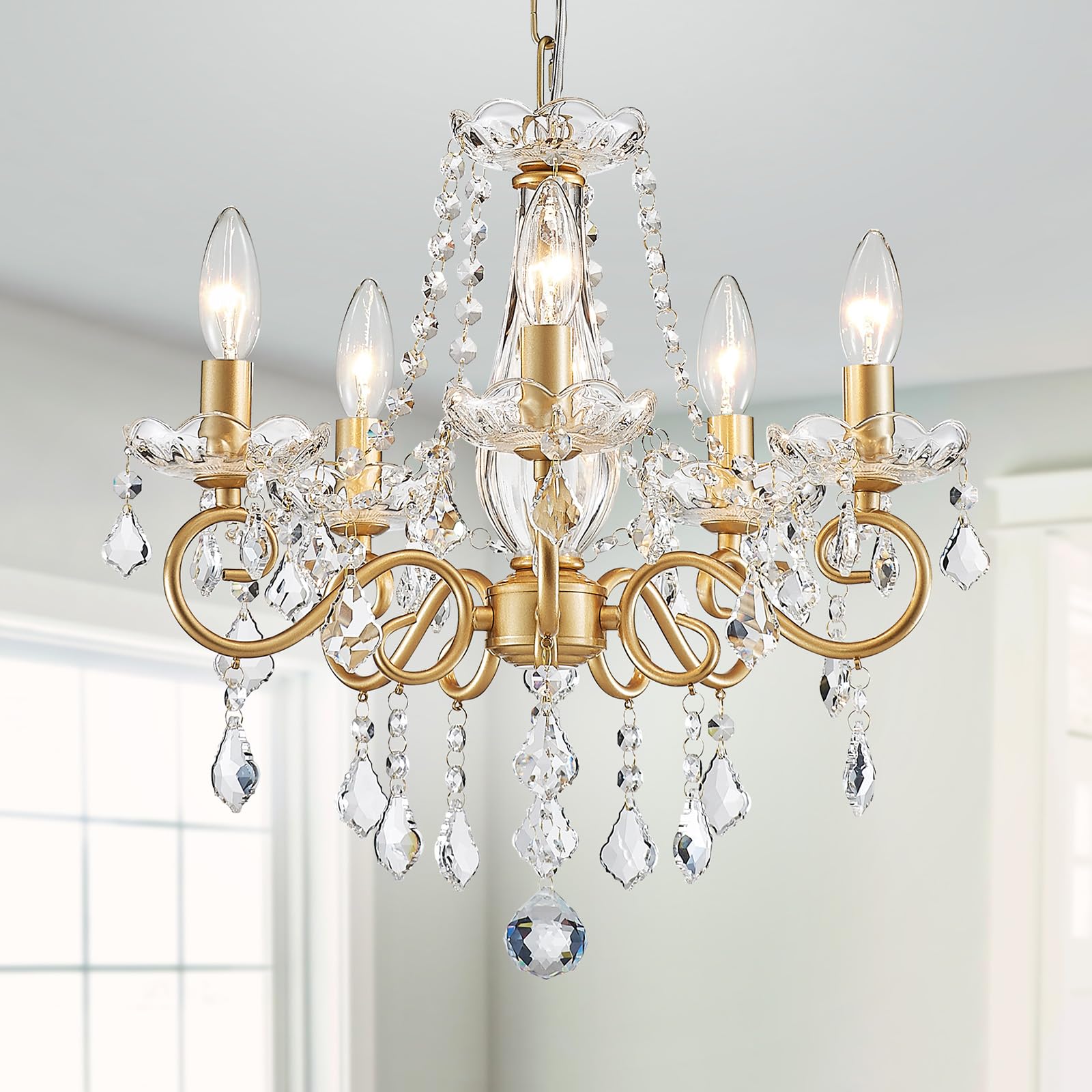 Elegant Maison Ornate Modern Crystal Chandelier with five candle bulbs and hanging crystals.