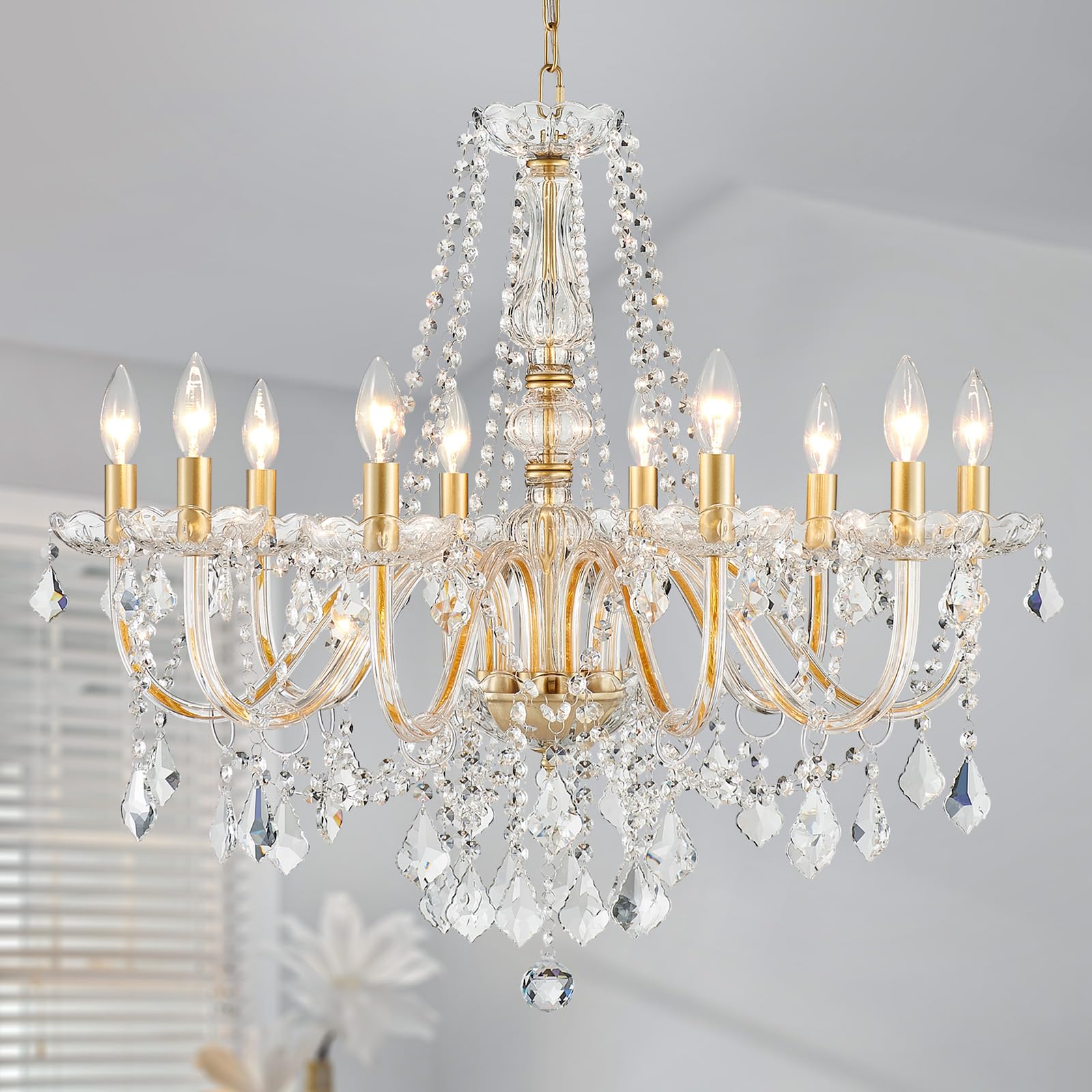 Maison Ornate Modern Crystal Chandelier with gold accents, twelve E14 lights, and dangling crystal pendants.