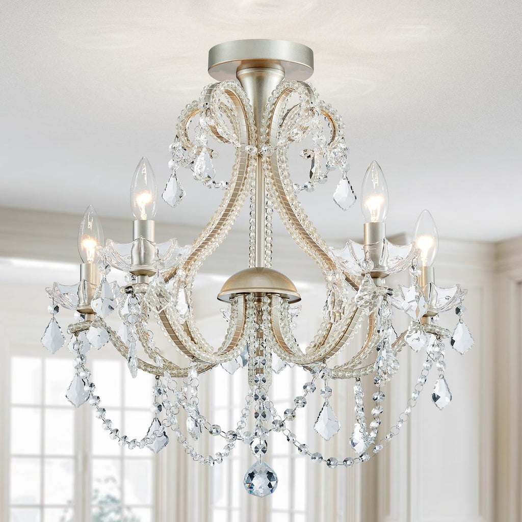 Maison Ornate Modern Crystal Chandelier with glass shape, six candles, and sparkling pendant accents.