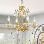 Ornate modern crystal chandelier with gold glass, candle bulbs, decorative beads, and hanging droplets.