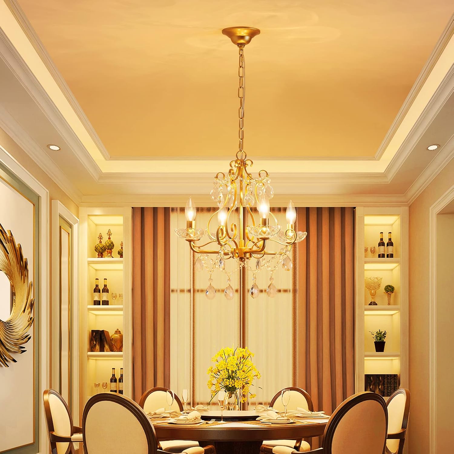 Maison Ornate Modern Crystal Chandelier with elegant glass shape, radiating warm light overhead.