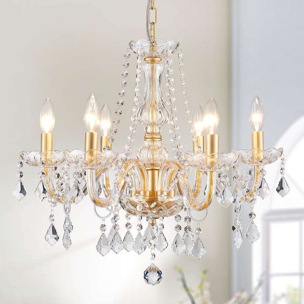 Baroque crystal chandelier with gold finish, six candle bulbs, hanging prisms, and adjustable height.