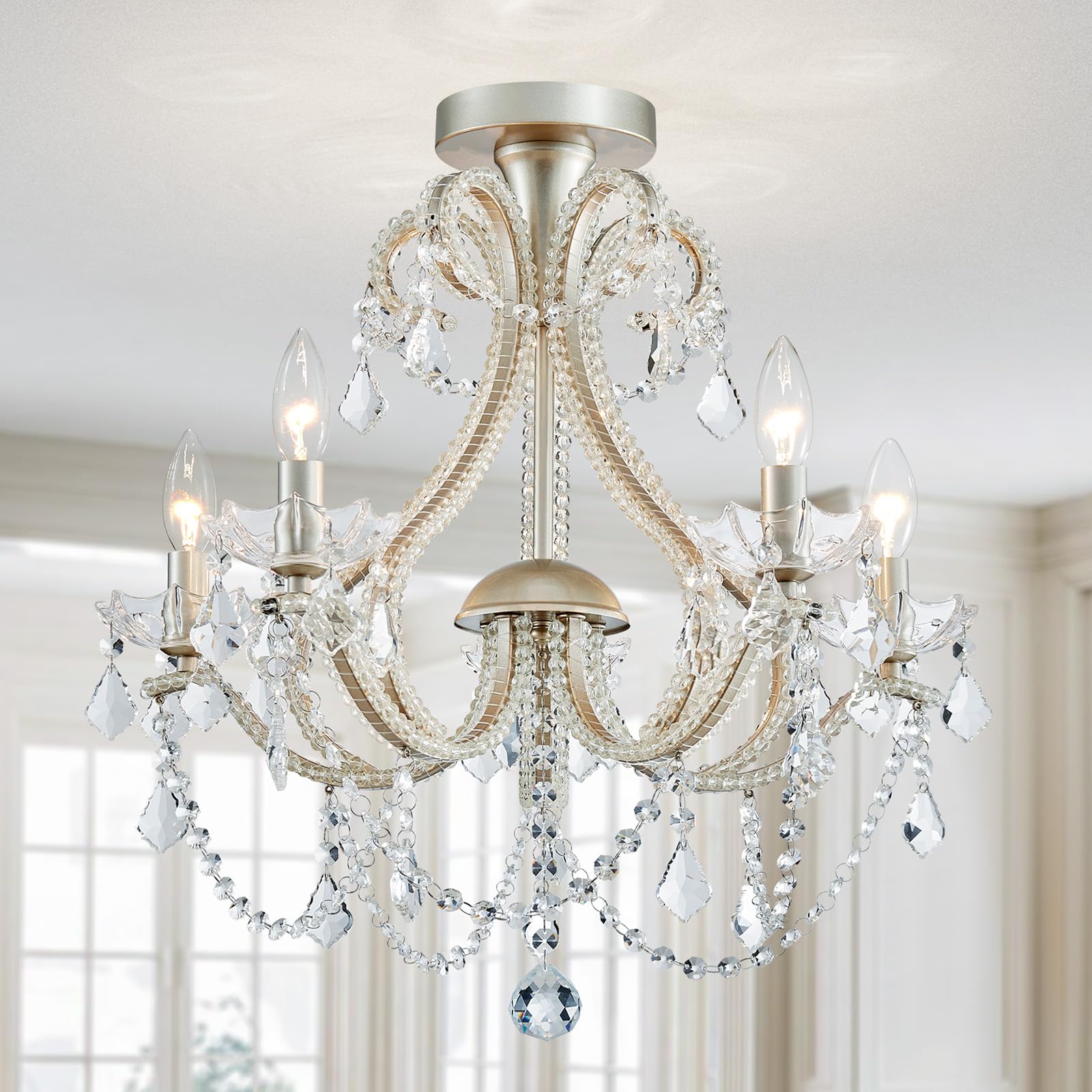 Maison Ornate Baroque gold chandelier with six candle bulbs, curved arms, crystals and beads.