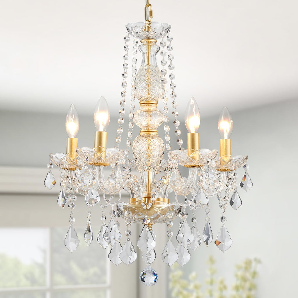Baroque gold crystal chandelier with five candle bulbs, crystal pendants, adjustable frame—modern elegance.