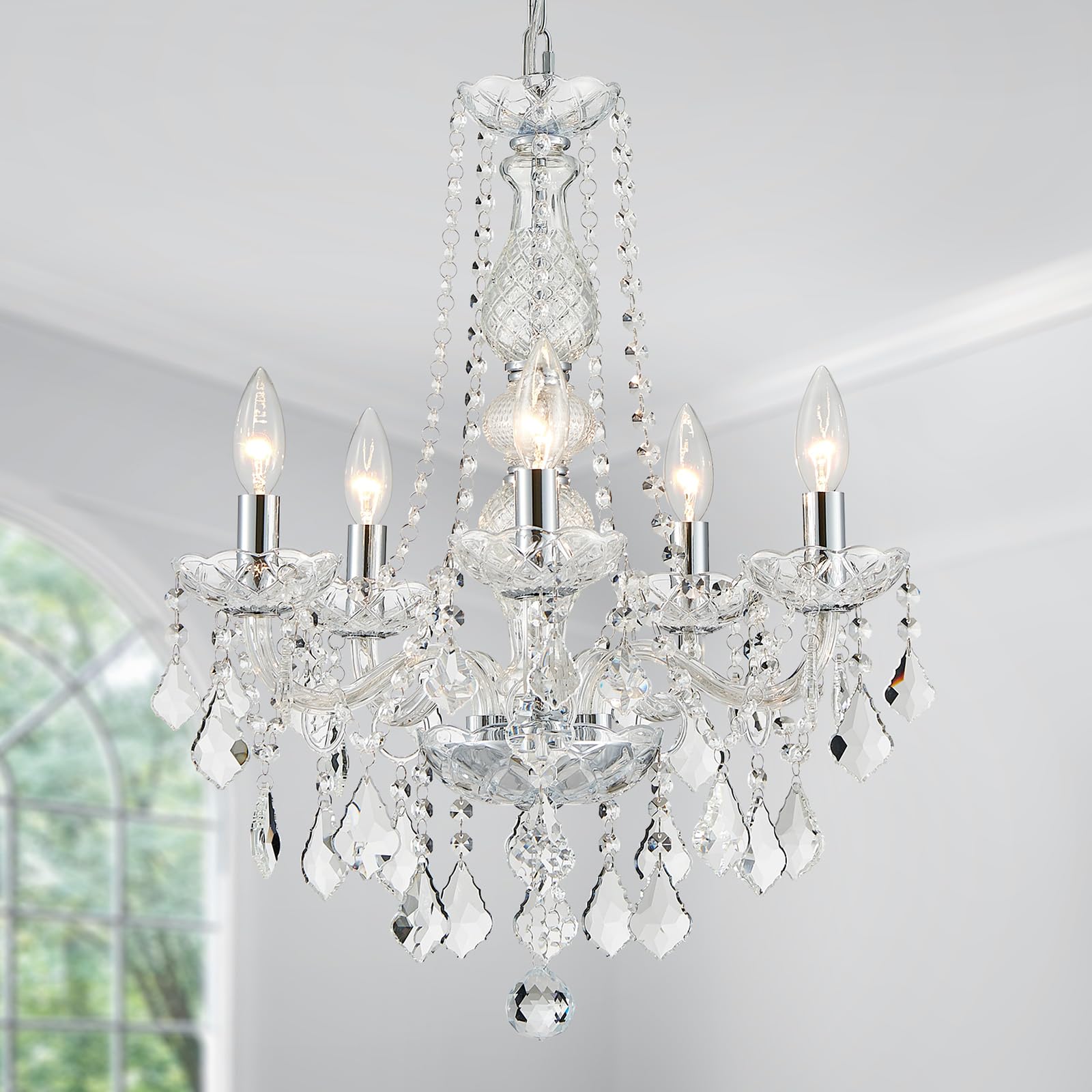 Gold baroque crystal chandelier with five candle bulbs, crystal beads, and adjustable hanging height.