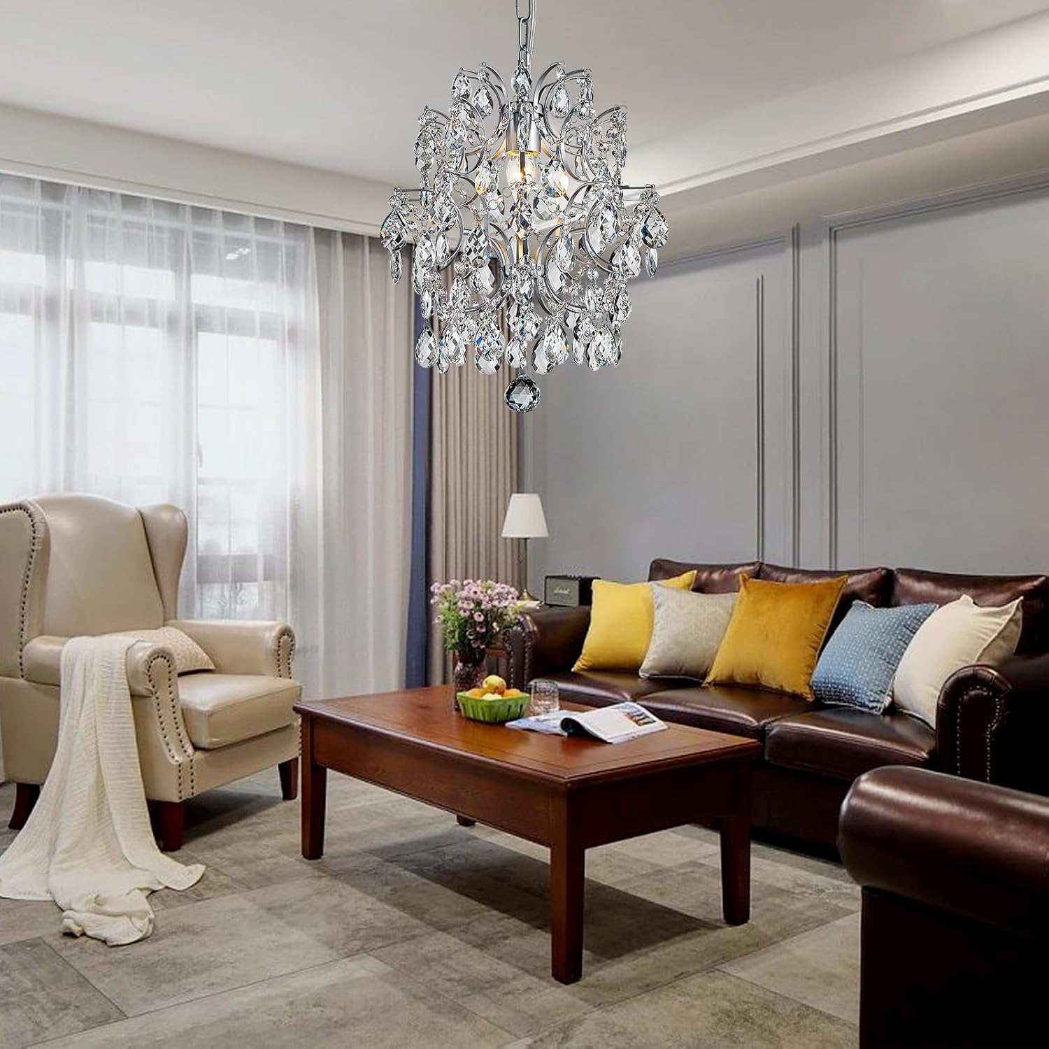 Maison Ornate’s Modern Crystal Ball Chandelier featuring sparkling beads and diamond accents suspended elegantly.