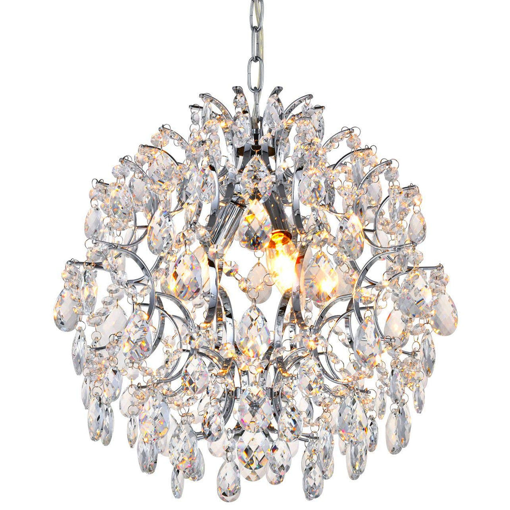 Modern crystal ball chandelier with beads, diamonds, metal frame, and cascading reflective droplets.