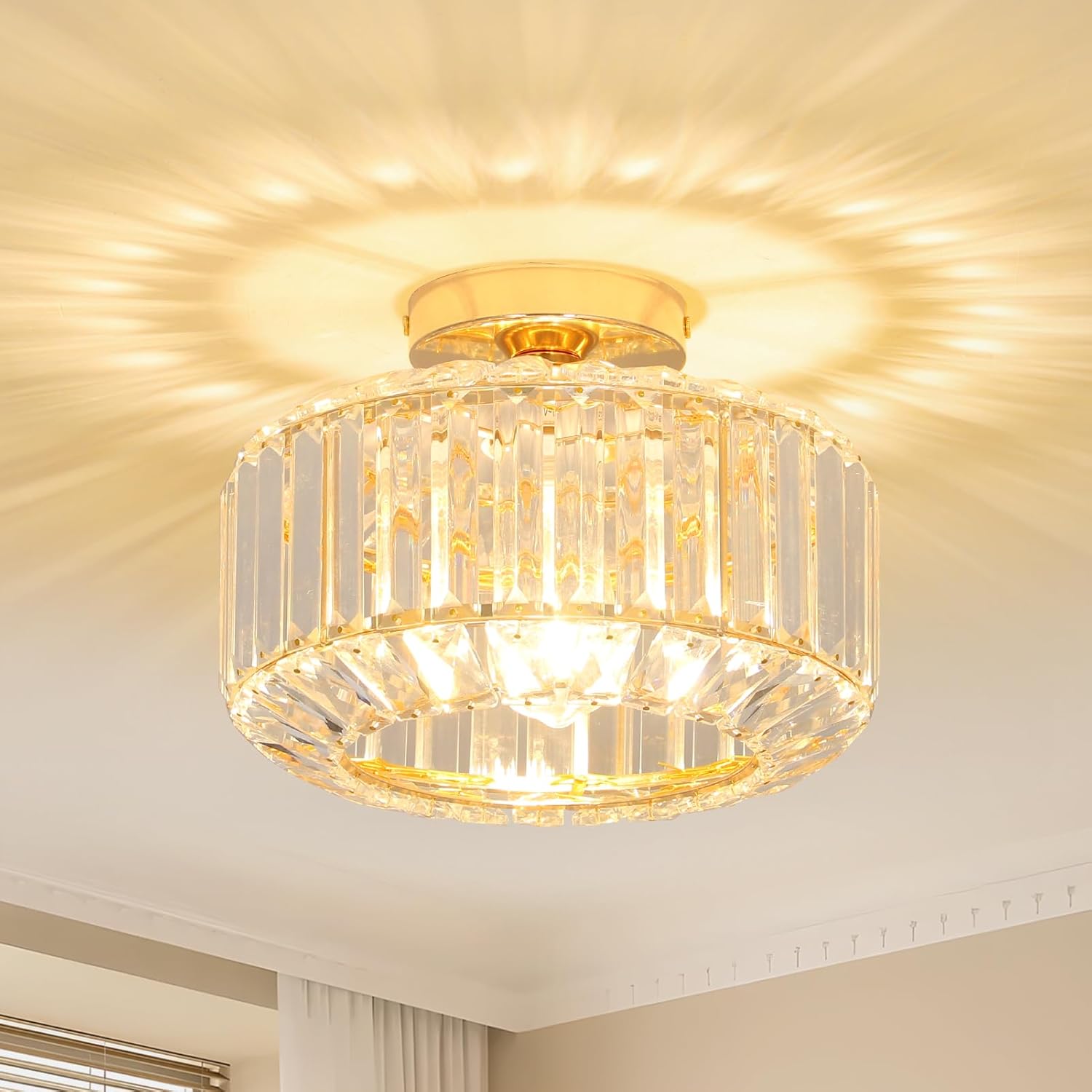 Maison Ornate Modern Crystal Chandelier with glass shade, vertical crystals, gold E27 base, warm lighting.