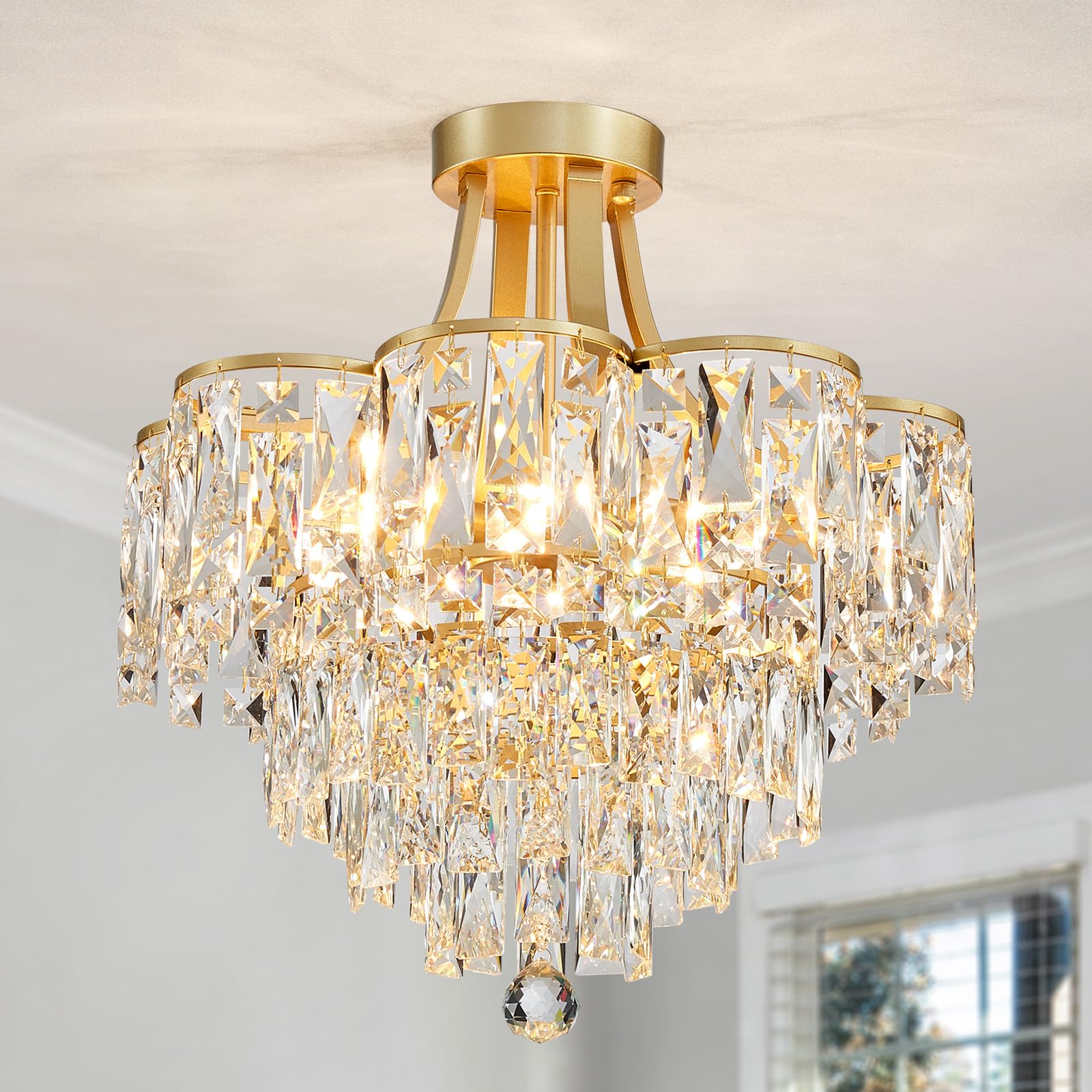 Multi-tiered alloy steel crystal chandelier with sparkling prisms, modern design, E14 ceiling fixture.