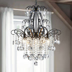 Modern black alloy steel chandelier with curved arms and clear crystal beads for E14 bulbs.