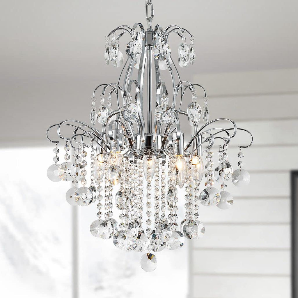 Chrome-accented modern chandelier with alloy steel frame, curved arms, teardrop crystals, and E14 bulbs.