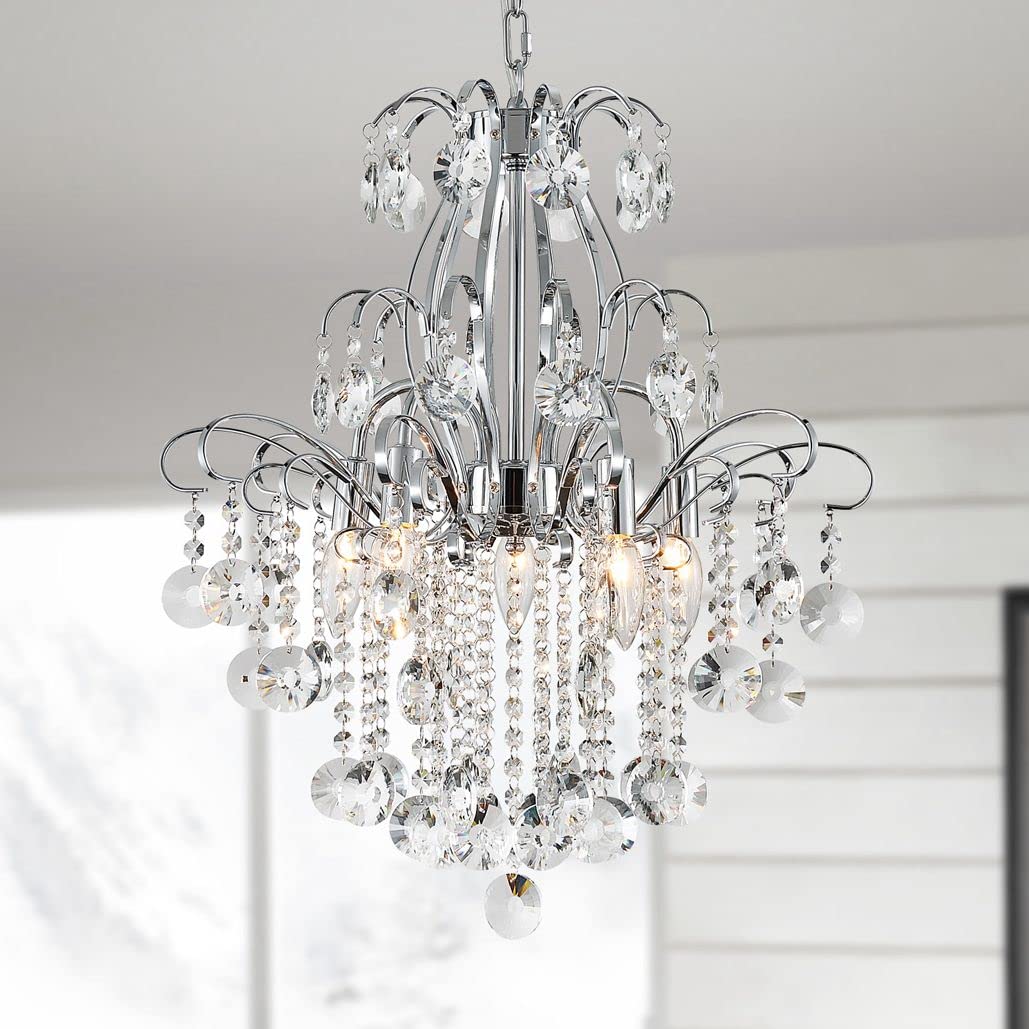 Chrome-accented modern chandelier with alloy steel frame, curved arms, teardrop crystals, and E14 bulbs.