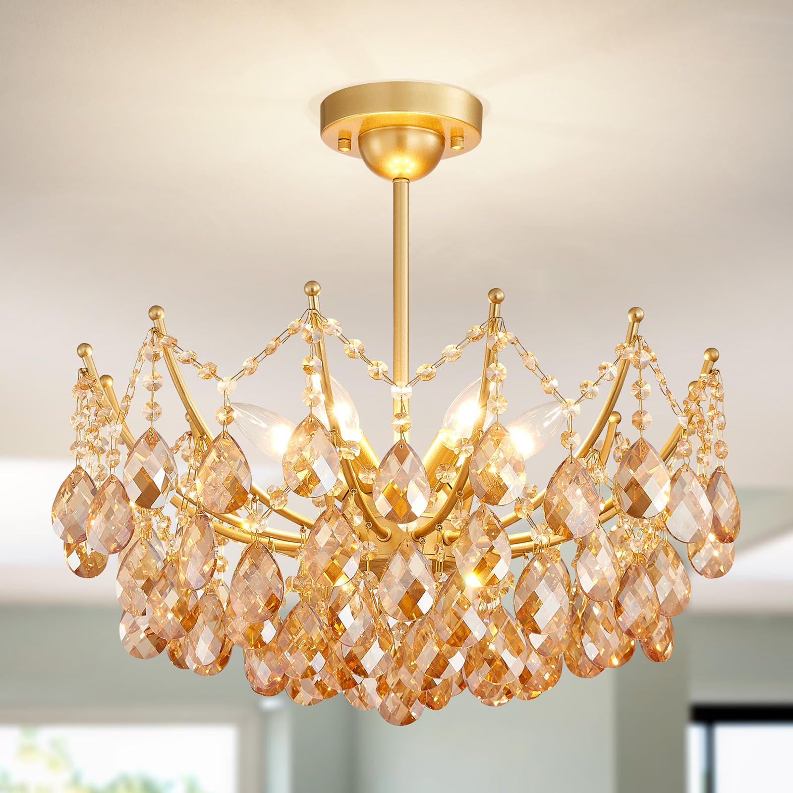 Ornate alloy steel chandelier with multiple arms and faceted crystal pendants, elegant lighting fixture.