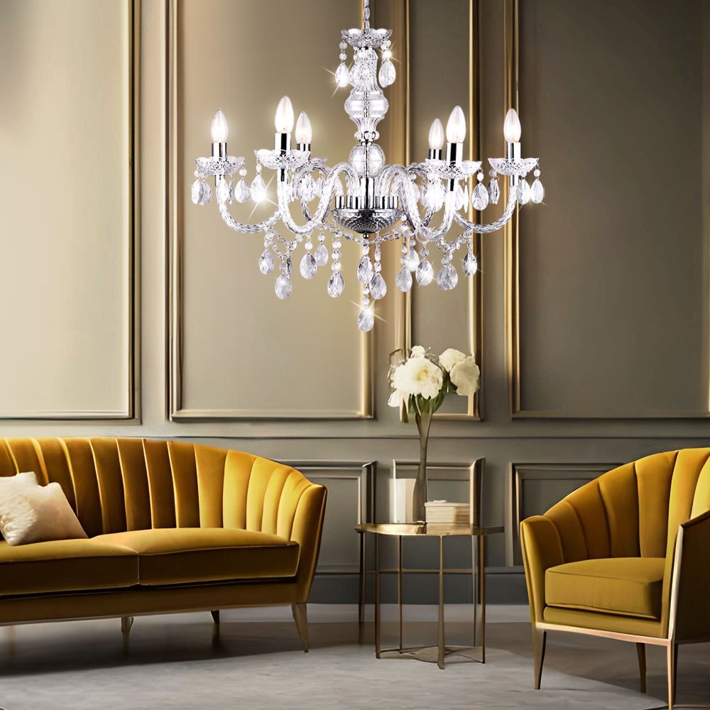 Maison Ornate Modern Crystal LED Chrome Adjustable Pendant Light with cascading crystals, chrome finish, and sleek contemporary design.