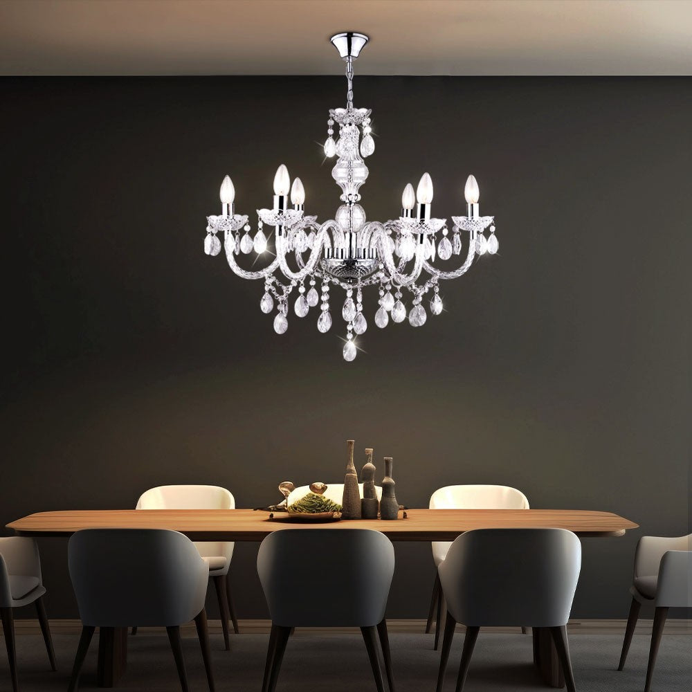 Maison Ornate Modern Crystal LED Chrome Adjustable Pendant Light, sleek chrome finish, elegant crystal detailing.