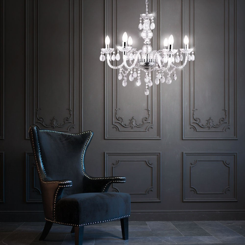 Maison Ornate Modern Crystal LED Chrome Adjustable Pendant Light, featuring cascading crystals and sleek chrome finish.