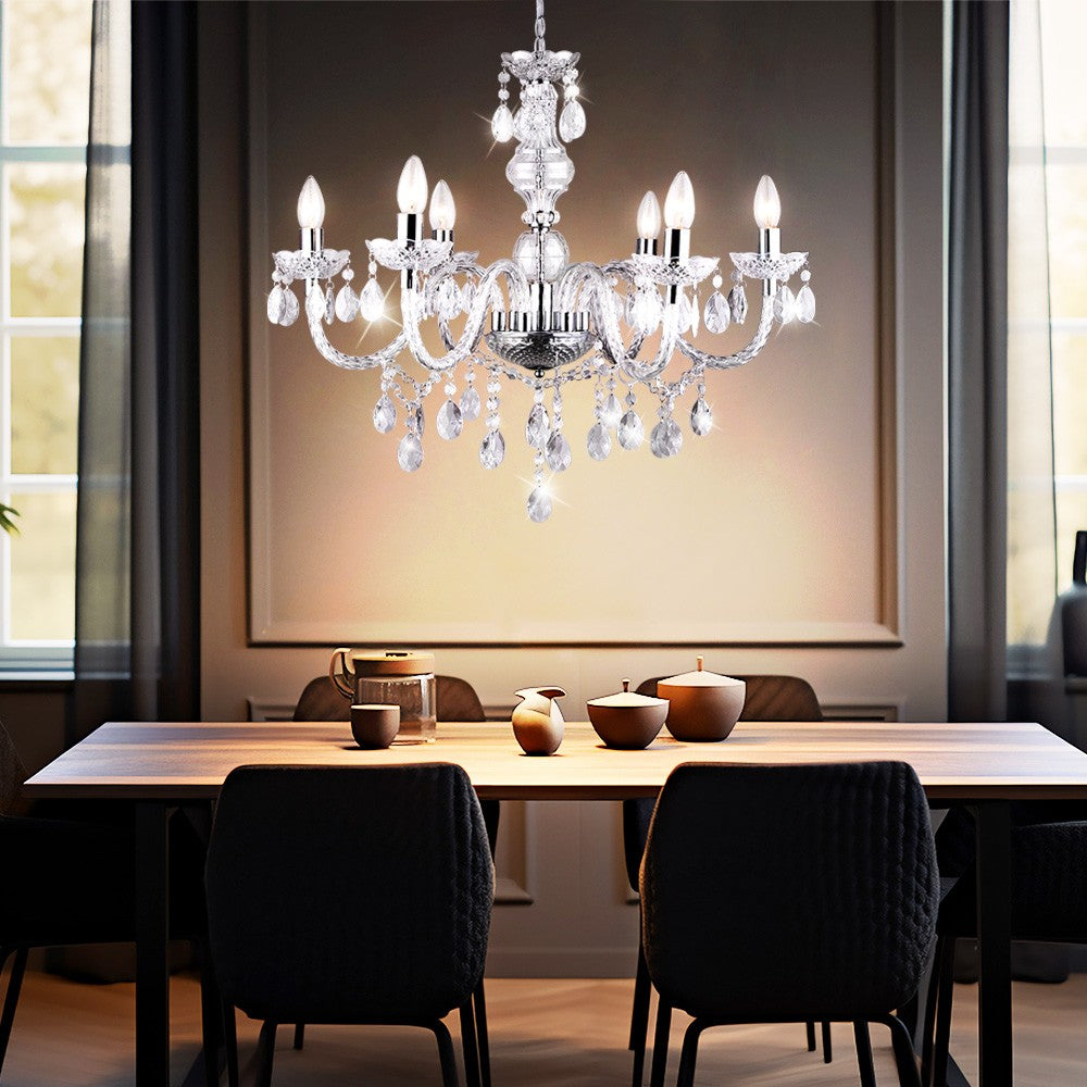 Maison Ornate Modern Crystal LED Chrome Adjustable Pendant Light with intricate crystal accents and sleek chrome finish.