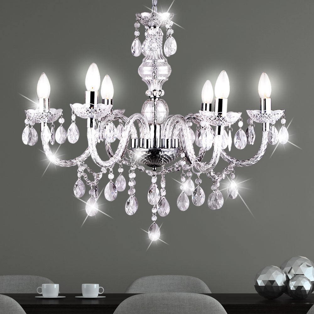 The Maison Ornate Modern Crystal LED Chrome Adjustable Pendant Light with cascading crystal spheres.
